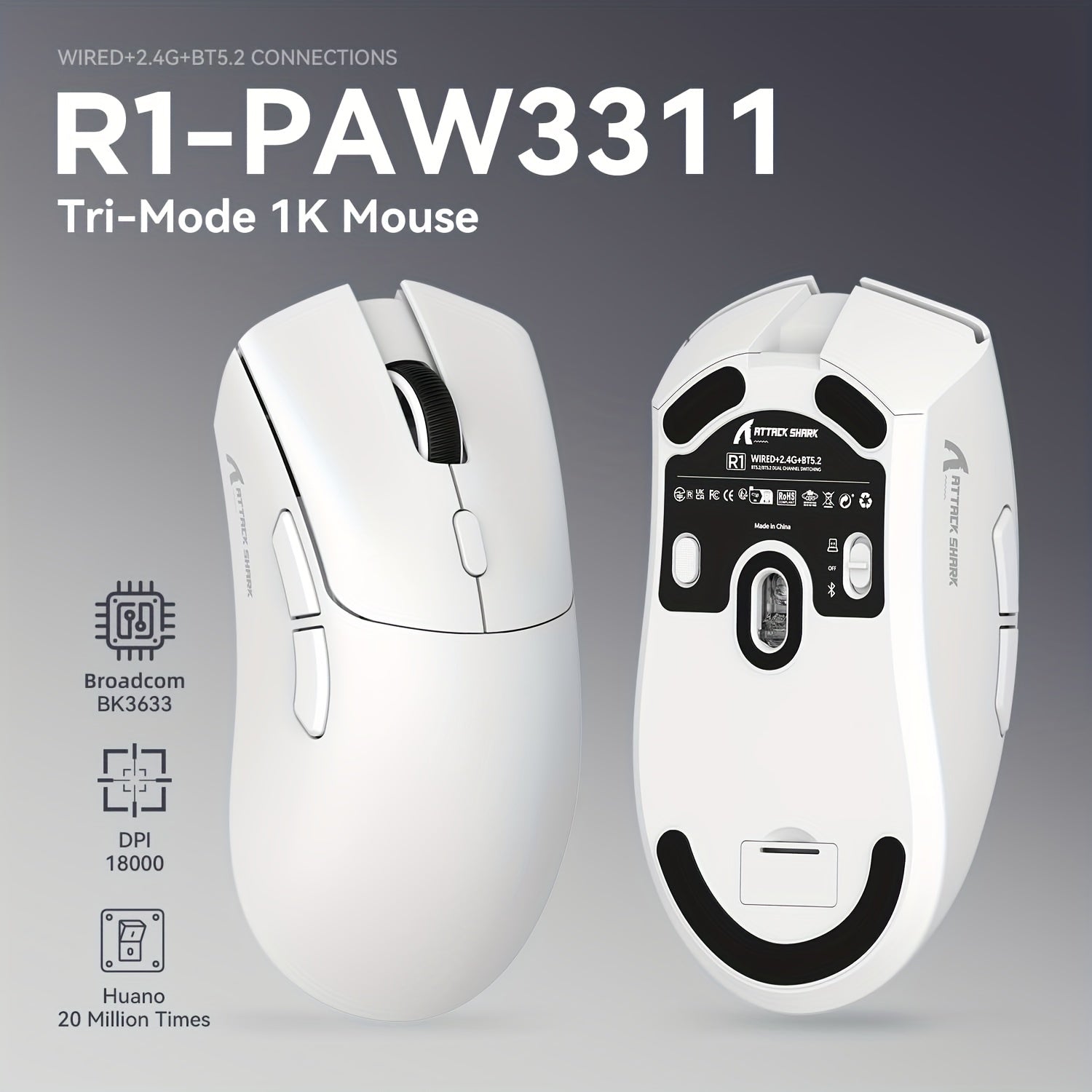 ATTACK SHARK R1 PRO 59g SUPERLIGHT Mouse, PixArt PAW3311 Gaming Sensor, BT/2.4G Wireless/Wired Gaming Mouse, 6 Adjustable Up To 18000, 65 Hrs Battery, Office Mice For Win11/Xbox/PS/Mac (()Black ) Lootquake LLC