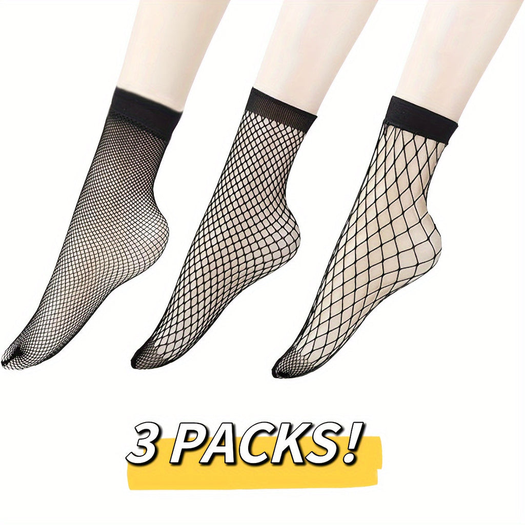 3 Pairs Women's Plus Sexy Socks, Plus Size Elastic Hollow Out Fishnet Breathable Short Socks Lootquake LLC