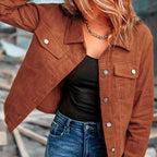 Women's Corduroy Long Sleeve Jacket - Casual Button-Up Coat With Flap Pockets Pi-Mart