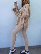Oversized Slit Sweatshirt and Ribbed Leggings 2pcs Set THRIXINE