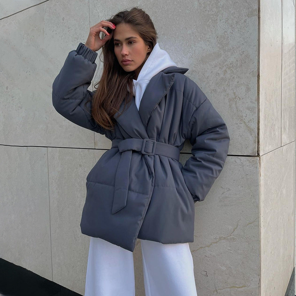 New Thickened Slimming Cinched Cotton-padded Coat Solid Color Belt Cotton Coat Jacket Pi-Mart