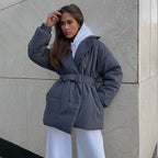 New Thickened Slimming Cinched Cotton-padded Coat Solid Color Belt Cotton Coat Jacket Pi-Mart