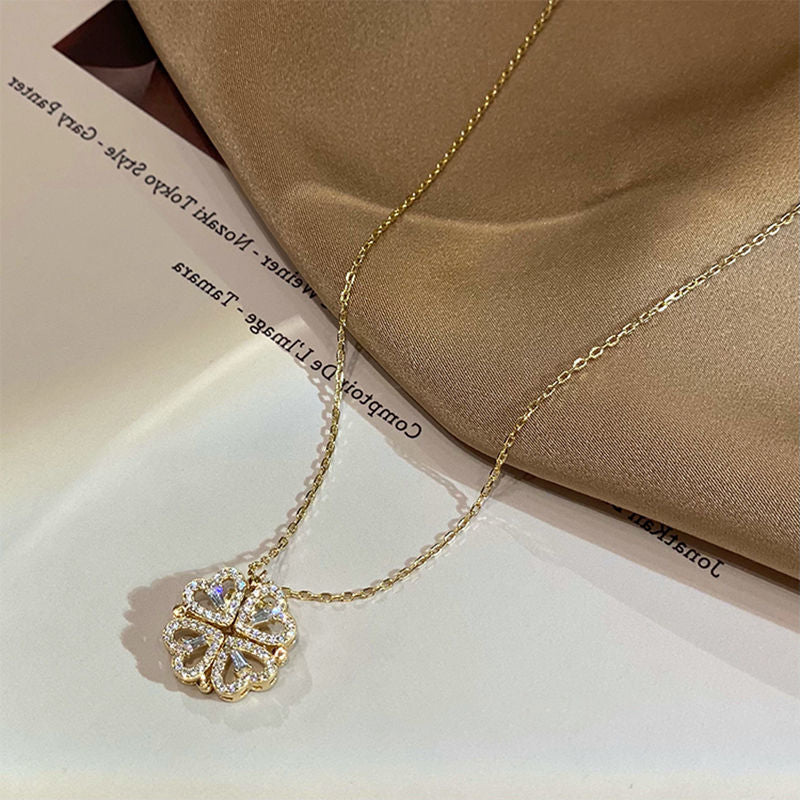 Retro Magnetic Folding Heart Shaped Four Leaf Clover Pendant Necklace Women Love Clavicle Chain Gifts Openable Choker Jewelry Pi-Mart