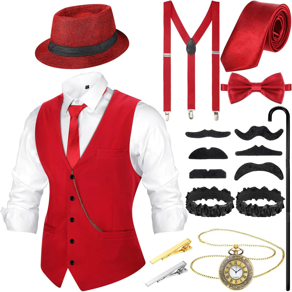 Hercicy 1920s Mens Costume Accessories Set Gangster Vest Hat Suspenders 20s Outfit Clothing for Men 1920s (Wine RedX-Large) Lootquake LLC