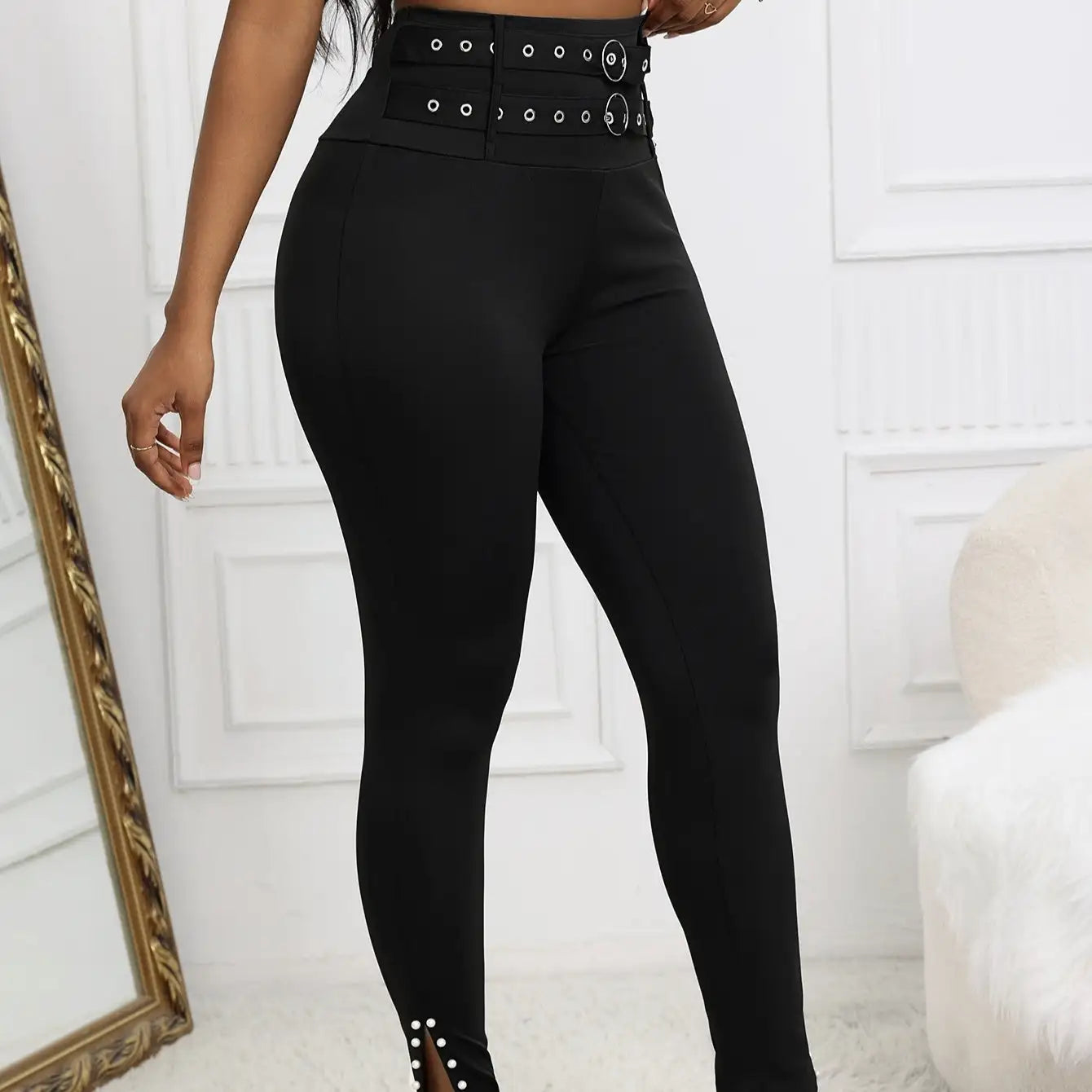 Ladies' Solid Color Casual Style Tight Fitting High Waist Slim Fit Slit Detail Pants Waist Ring Fake Belt Design Sense Tapered Pants - SJB-DIAMOND ELITES