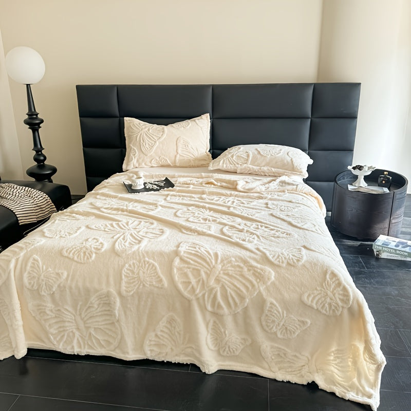Cozy Taffeta Jacquard Butterfly Flannel Throw Blanket, Soft Polyester, Double-Sided Velvet, All-Season Comfort, Ideal For Office Naps & Bedding - White With Green Accents