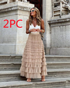 Layered Ruffles Cake Skirt Summer Fashion A Line Swing Mesh Long Skirt Party Dress Women Pi-Mart