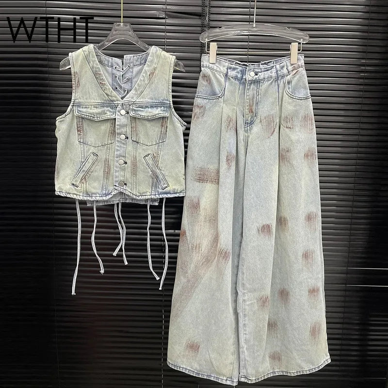 WTHT Vintage 2025 Summer Women's Bandage Single-breasted Denim Vest Fashion High-waisted Loose Wide Leg Jeans Female 1LS1482 Purplish Diva