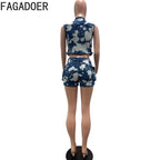 FAGADOER Fashion Printed Denim 2 Pieces Set for Woman Sleeveless Zip Cargo Pocket Jacket Patchwork Crop and Shorts Jeans Outfits Purplish Diva