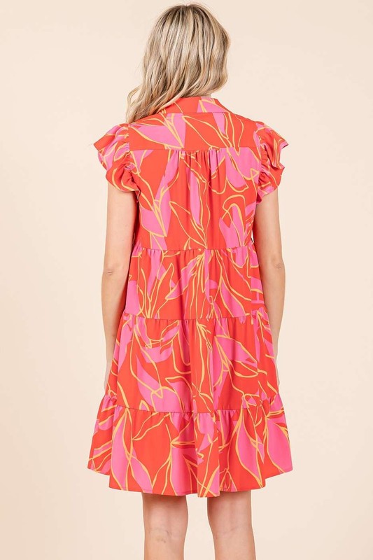 Leaf Print Ruffle Sleeve Tiered Mini Dress For Summer – Fluttering, Playful and Feminine Dress with Layered Details Stevvex