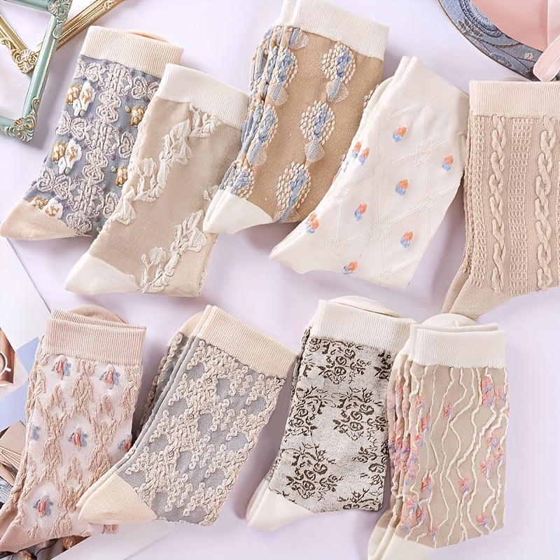 9-Pair Elegant Floral Print Mid-Tube Socks - Soft & Breathable Fabric - Perfect for Casual & Dressy Occasions Lootquake LLC