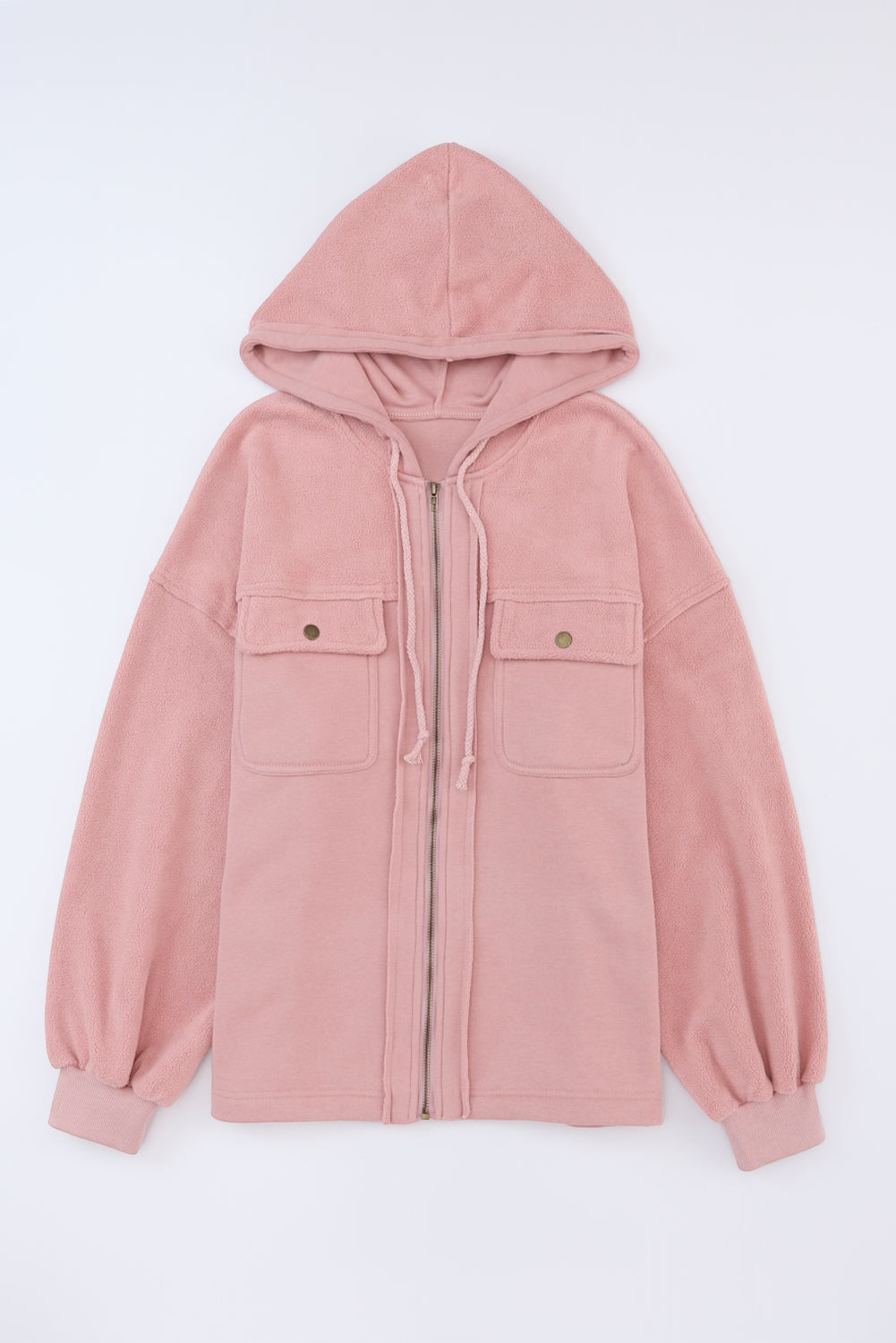 Pink Flap Pocket Drawstring Hood Zip Up Jacket Lootquake LLC