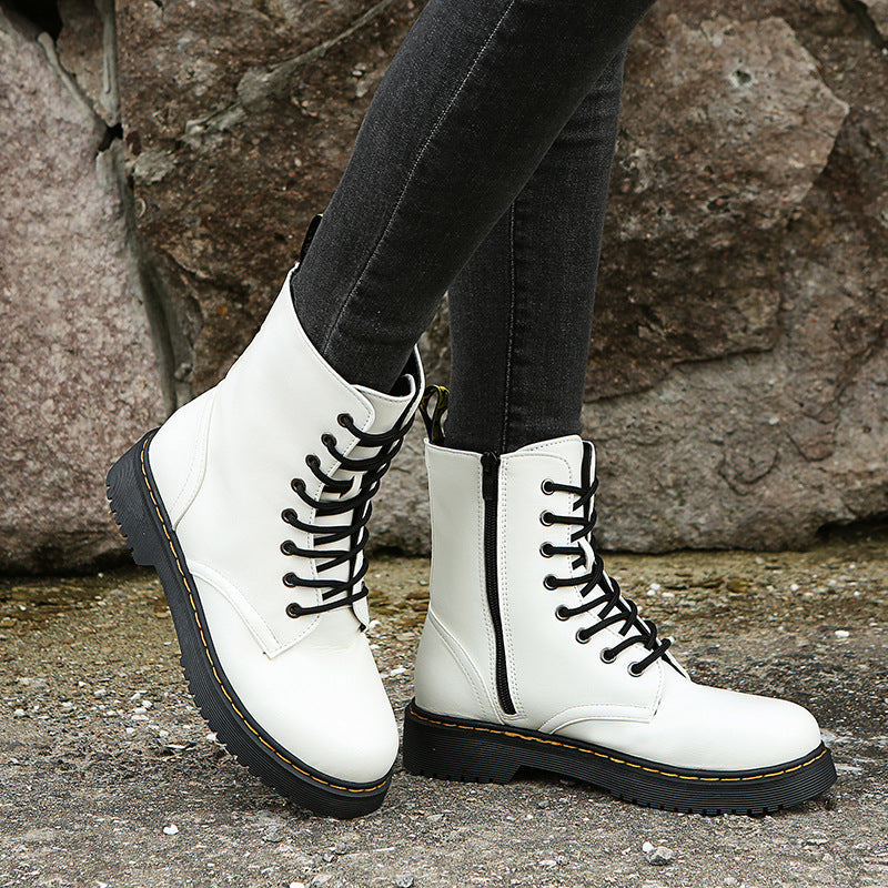 Fashion Lace-up Boots For Women Autumn And Winter Black White Zipper Mid-calf Boots Elegant Low Heel Shoes Pi-Mart
