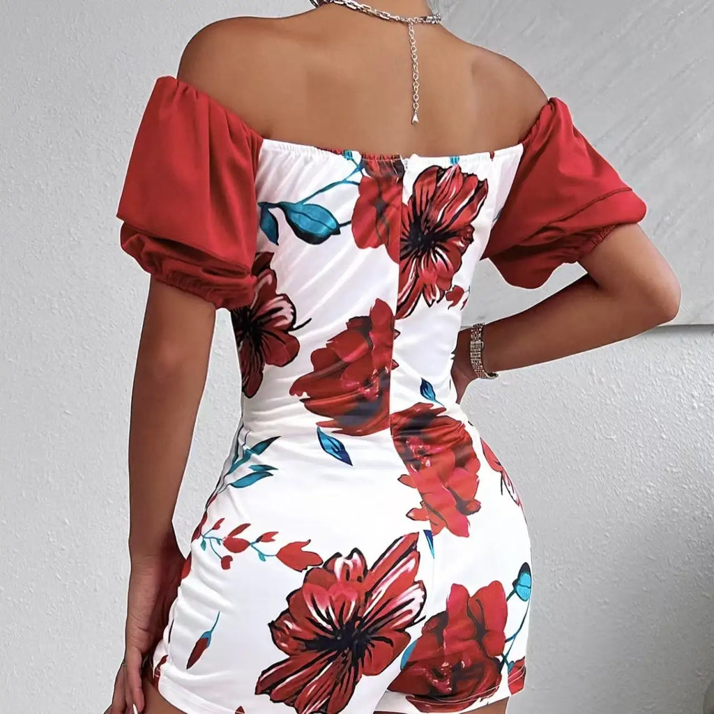 Ladies' Fashionable Casual Floral Print Off Shoulder Knot Decoration Hollow Jumpsuit - SJB-DIAMOND ELITES