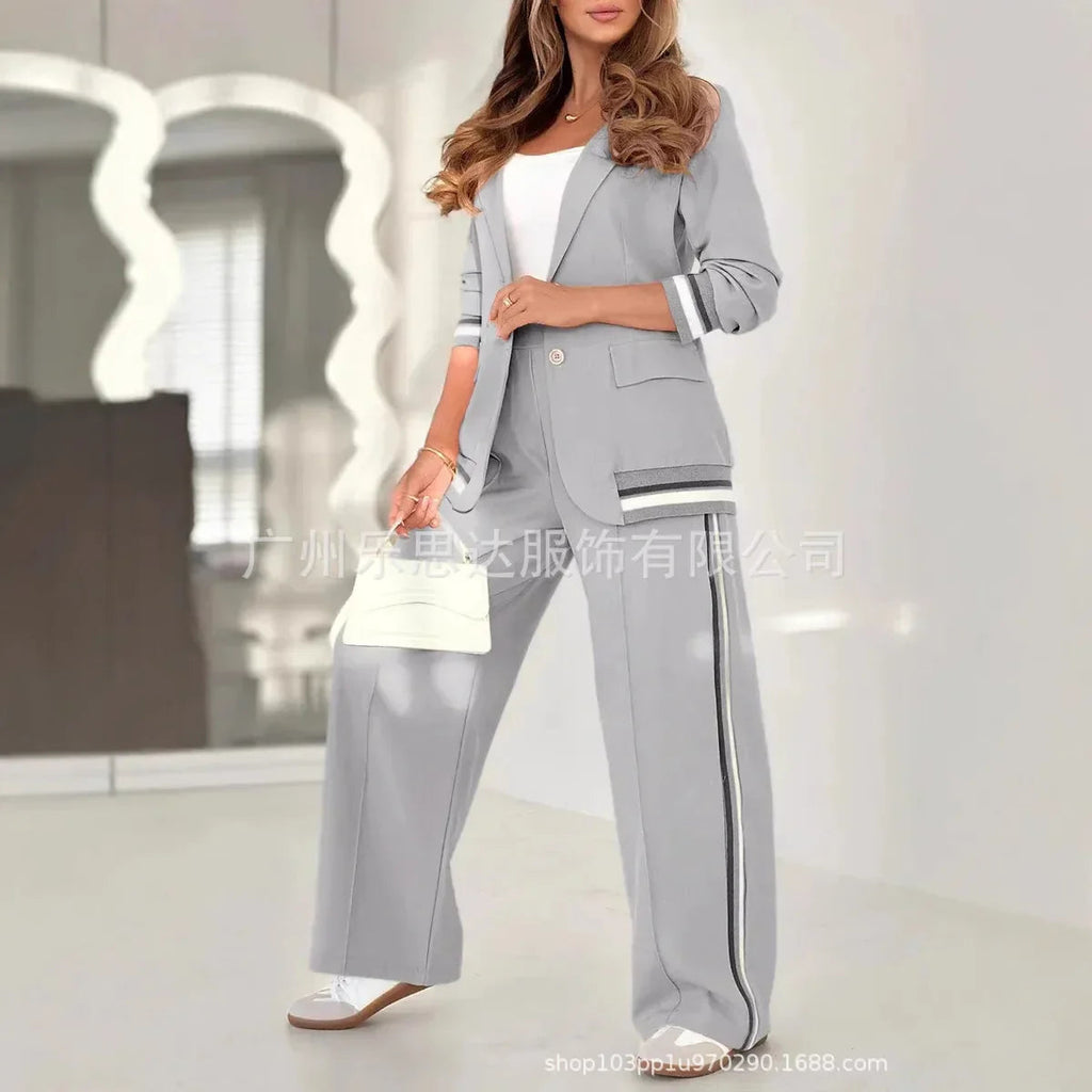 Women Suit Jacket 2 Piece Sets Striped Blazer Coat Turn Down Collar Single Breasted Wide Leg Pants Ensemble Office Lady Outfits Purplish Diva