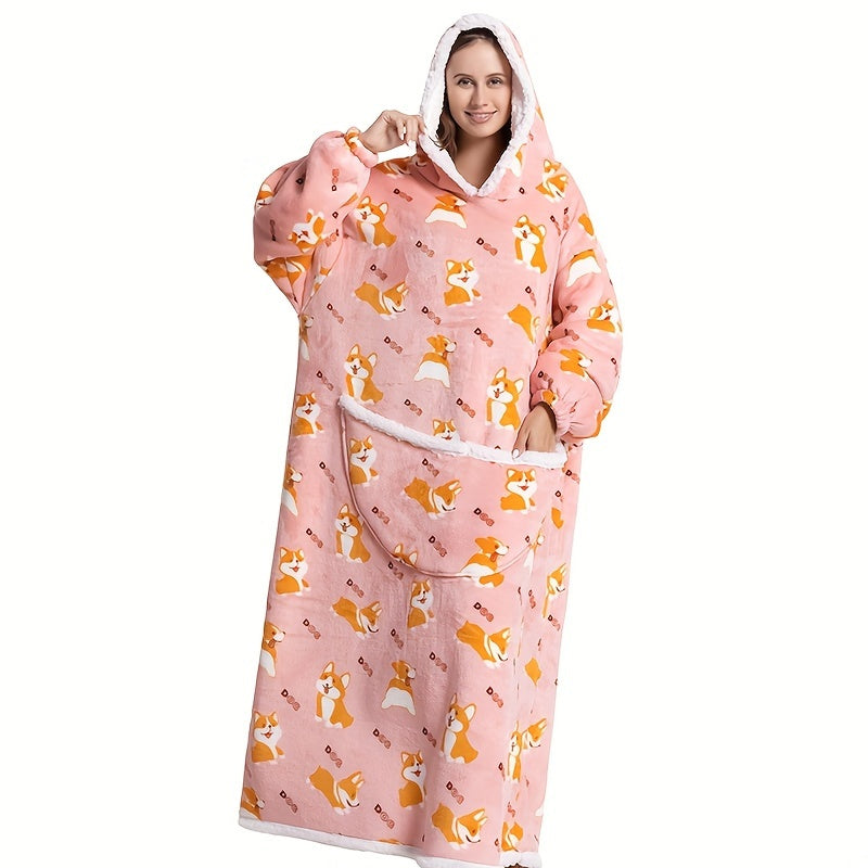 1pc Extra Long Oversized Cat Print Sherpa Fleece Hooded Blanket Sweatshirt - Ultra Soft, Warm, Wearable, Machine Washable, and Industrial Style - Perfect Gift for Women and Men Adults Lootquake LLC