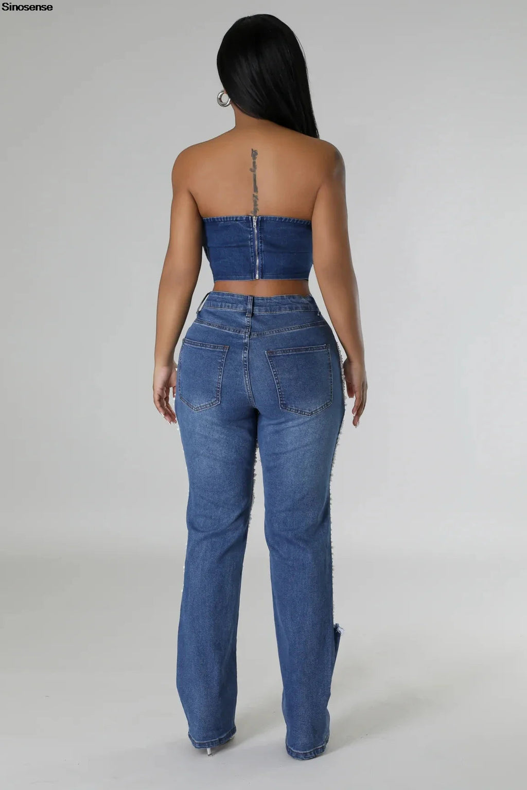 Women's Destroyed Ripped Hole Denim Pants Pearl Rhinestones Chain Distressed Slim Fit Skinny Jeans Y2K Night Club Party Jeans Purplish Diva