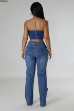 Women's Destroyed Ripped Hole Denim Pants Pearl Rhinestones Chain Distressed Slim Fit Skinny Jeans Y2K Night Club Party Jeans Purplish Diva
