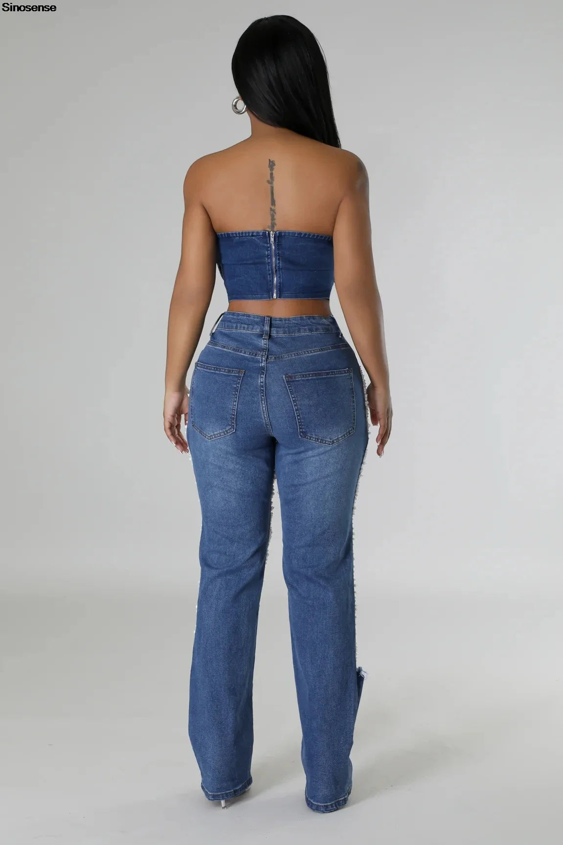Women's Destroyed Ripped Hole Denim Pants Pearl Rhinestones Chain Distressed Slim Fit Skinny Jeans Y2K Night Club Party Jeans Purplish Diva