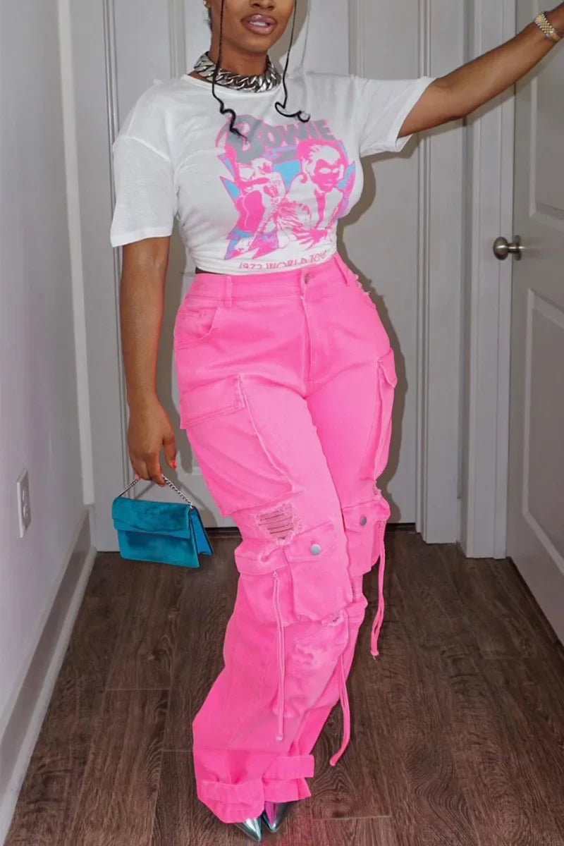 Plus Size Cargo Denim Jeans Pockets Buttons Women Fashion Jeans Pant High Waist Casual Streetwear Vintage Hip Hop Trousers Pant Purplish Diva