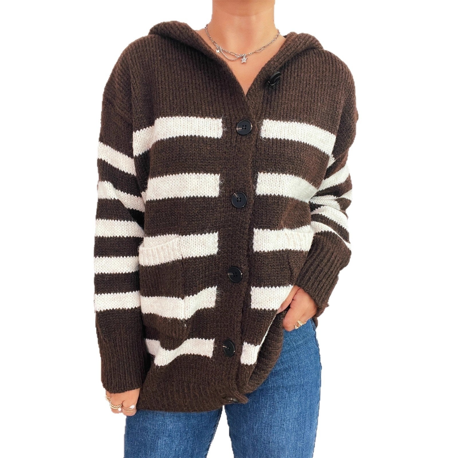 Casual Loose Plus-sized Hooded Single-breasted Long Sleeve Sweater For Women Pi-Mart