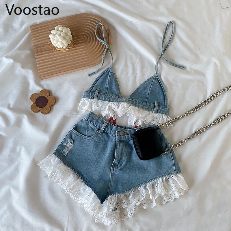 Summer Sweet Lolita Style Denim Shorts Sets Girls Sexy Lace Bandage Camisole Crop Tops Ruffles Jeans Short Pants Women 2PC Set Purplish Diva