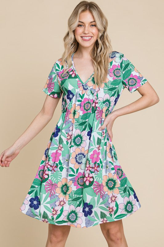 Ruched Floral V-Neck Short Sleeve Summer Dress – Flattering and Feminine Dress with a Chic V-Neckline and Ruched Detailing Stevvex