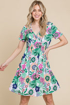 Ruched Floral V-Neck Short Sleeve Summer Dress – Flattering and Feminine Dress with a Chic V-Neckline and Ruched Detailing Stevvex