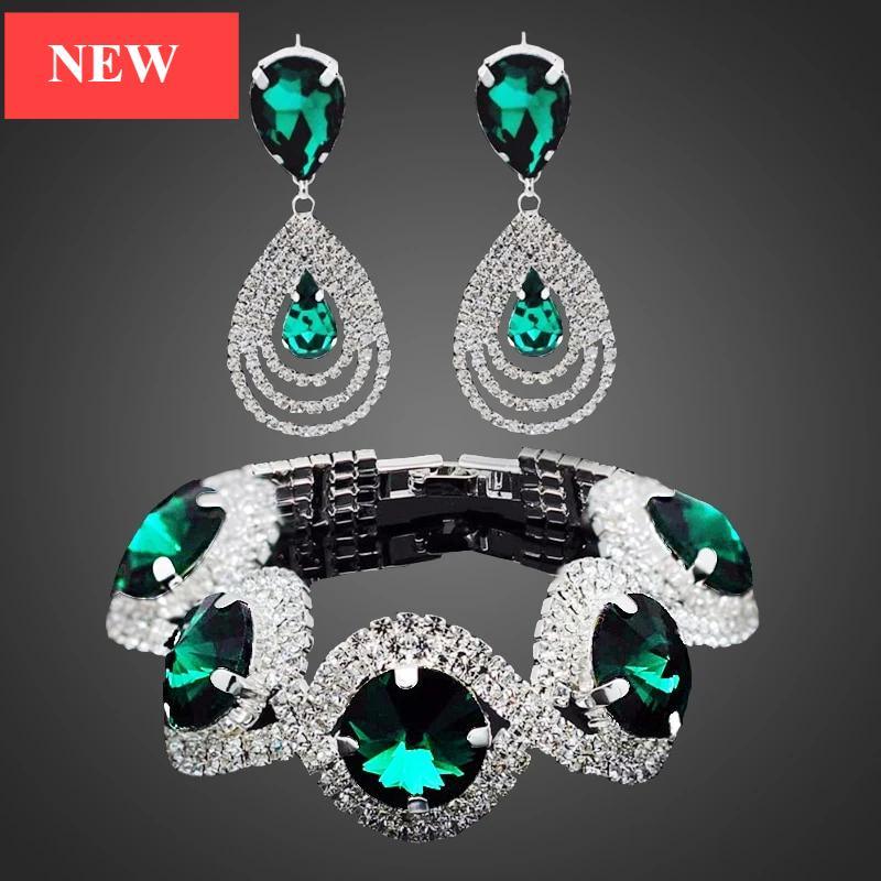 Luxury Woman Elegant Wedding Bridal Jewelry Sets For Women Rhinestone Austrian Crystal Jewelry Set Bracelet Earrings Set - SJB-DIAMOND ELITES