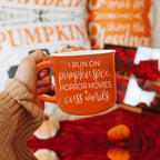 Pumpkin Horror Mug 14.5oz Orange Ceramic Campfire Dual-Sided White Text