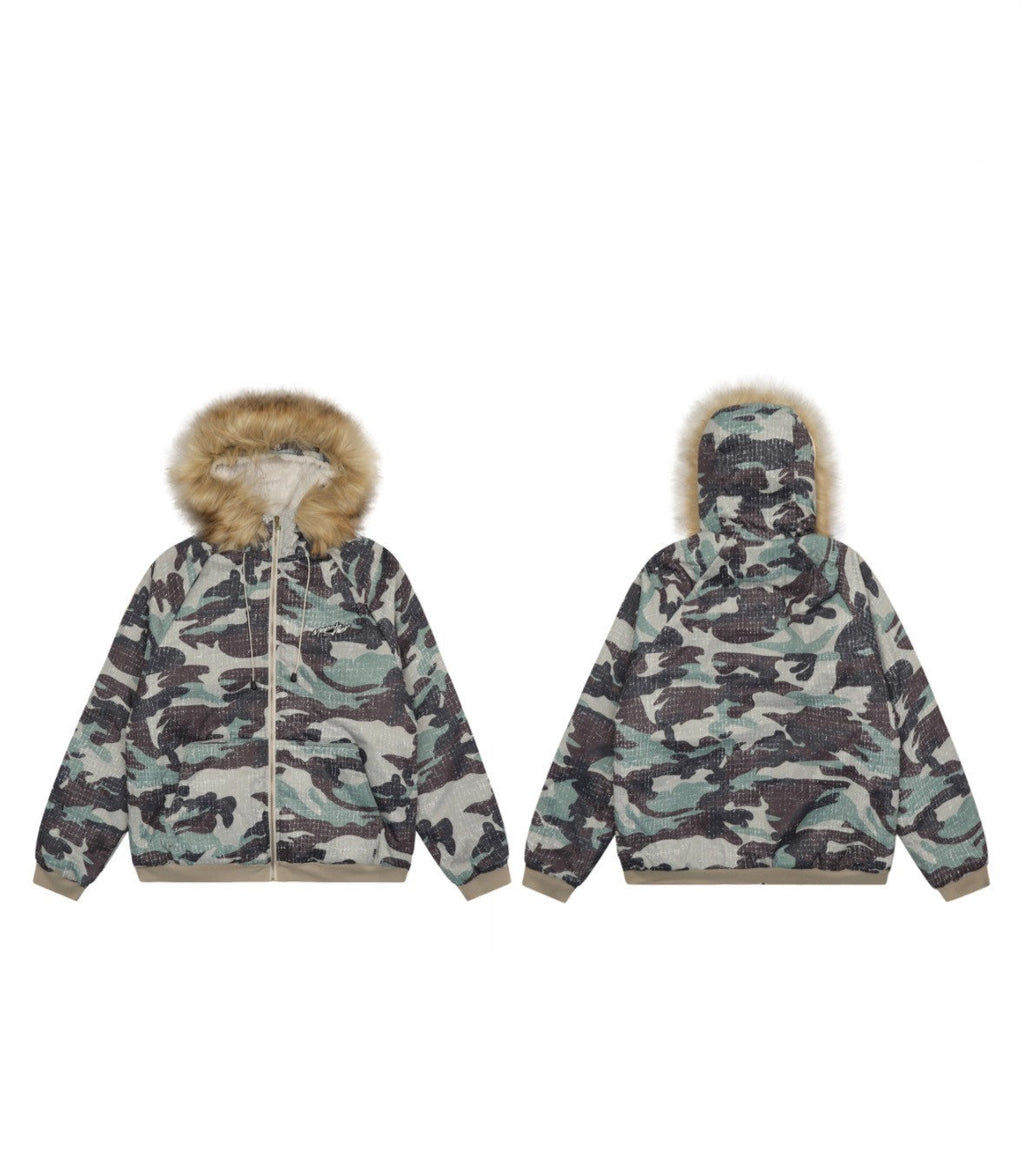 American Vintage Army Green Camouflage Fur Collar Hood Jacket Pi-Mart