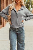 Waffle Zip Up Snap Button Hooded Jacket THRIXINE