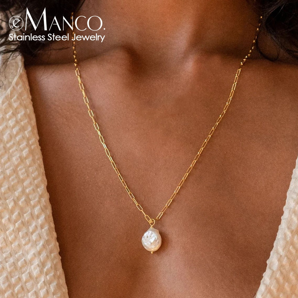 Rectangle Link Chain Pearl Necklace Pi-Mart