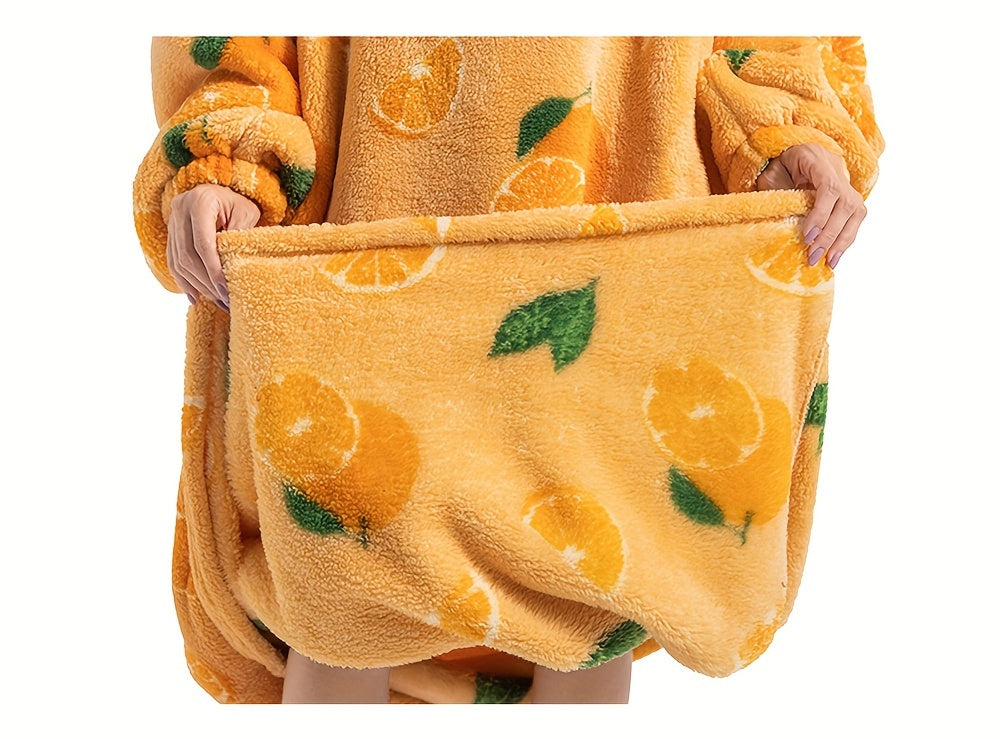 Plus Size Pumpkin Print Flannel Blanket Hoodie - Soft, Cozy, Plush, Hooded, Winter Outwear for Women with Halloween Theme Lootquake LLC