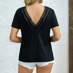 Women's Solid Color Deep V-neck Backless Lace Patchwork Loose T-shirt - SJB-DIAMOND ELITES