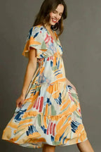 Umgee Abstract Print Midi Dress – Flutter Sleeves & Tiered Frill Detail