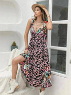 Printed Plunge Midi Dress | Sleeveless Tied Waist | Polyester