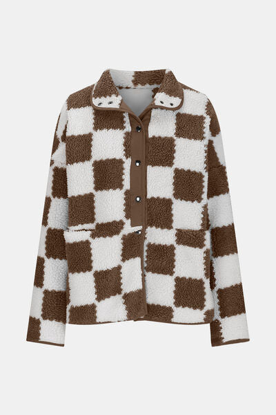 Elegant Checkered Snap Down Long Sleeve Teddy Jacket Soft & Warm Colorful Jacket Stevvex