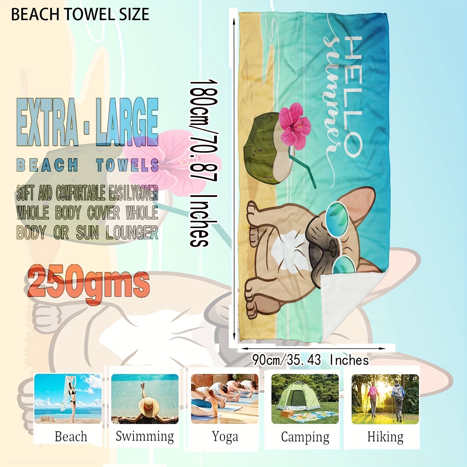 1pc Adorable Bulldog Pattern Beach Towel - Ultra-Soft, XLarge & Quick-Dry Blanket for Summer Fun - Perfect for Pool, Camping, Travel & Beach Adventures - A Must-Have Beach Accessory