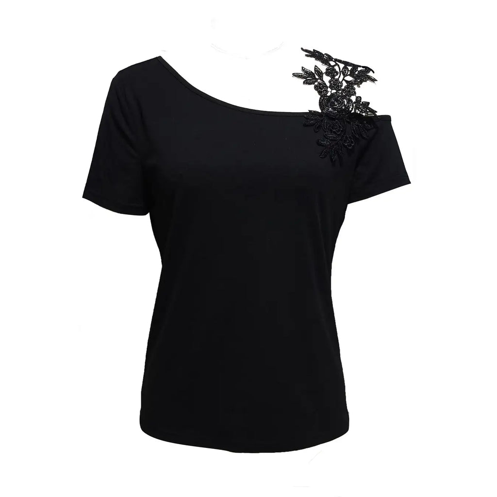 Ladies' Solid Color Lace Appliqu E Shoulder Strap Slanted Shoulder Collar Off Shoulder Elegant Design T-shirt Top - SJB-DIAMOND ELITES