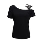 Ladies' Solid Color Lace Appliqu E Shoulder Strap Slanted Shoulder Collar Off Shoulder Elegant Design T-shirt Top - SJB-DIAMOND ELITES