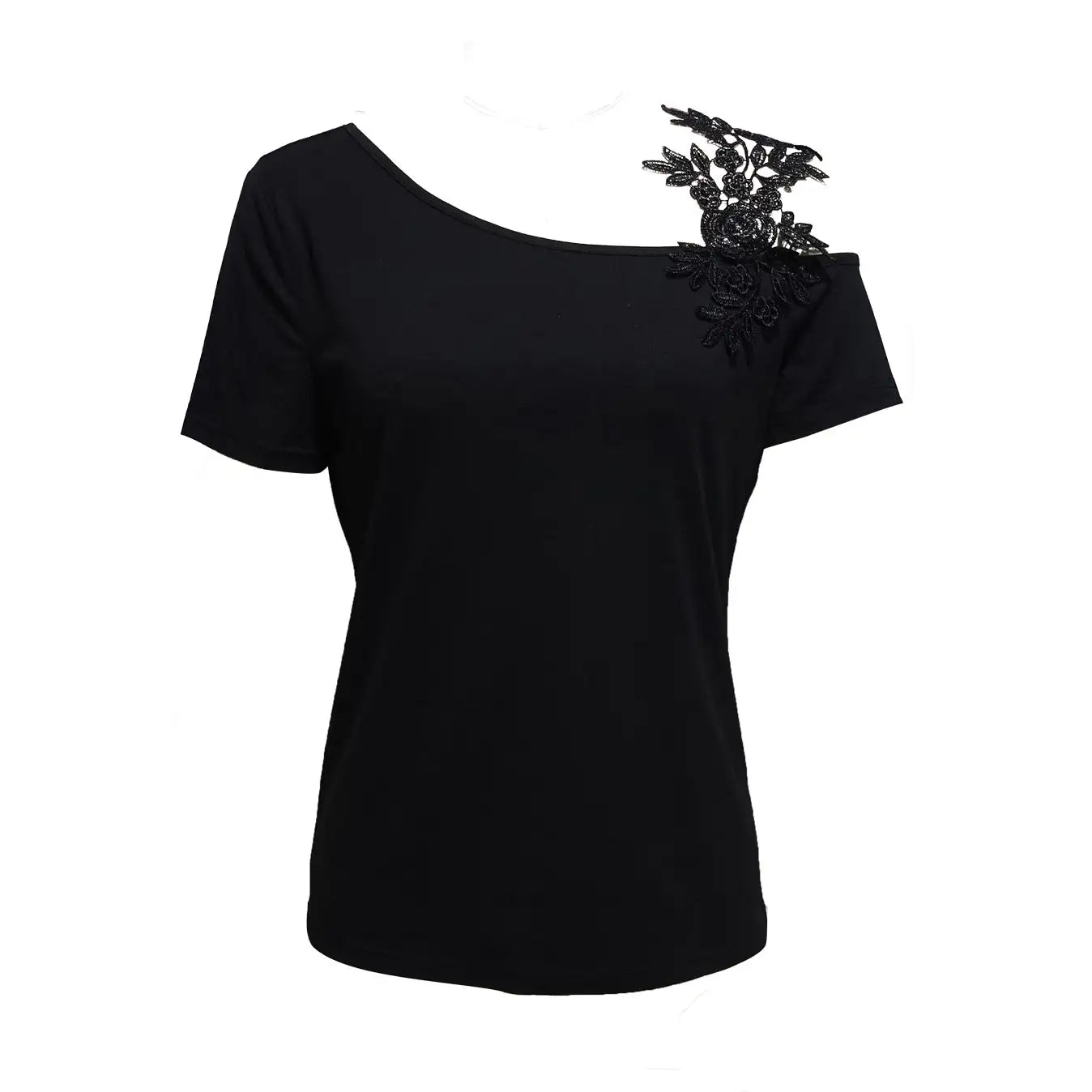 Ladies' Solid Color Lace Appliqu E Shoulder Strap Slanted Shoulder Collar Off Shoulder Elegant Design T-shirt Top - SJB-DIAMOND ELITES