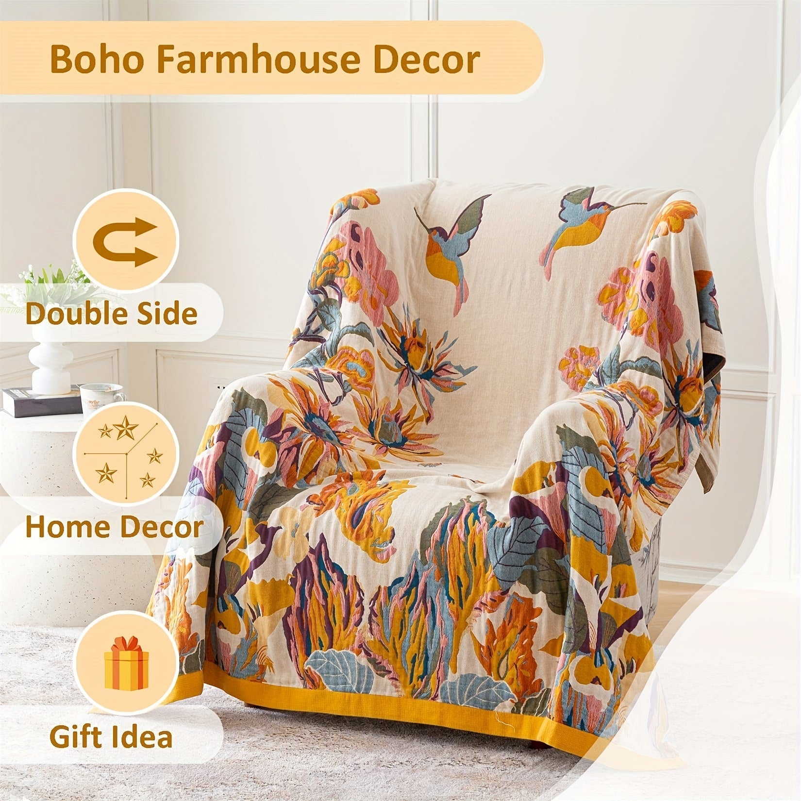 1pc Boho Throw Blanket, 100% Cotton Ultra Soft Bed Throw- Floral Bird And Butterfly Farmhouse Decor Bed Blankets, 60"×80" All Season Blanket For Sofa Couch Chair Lootquake LLC