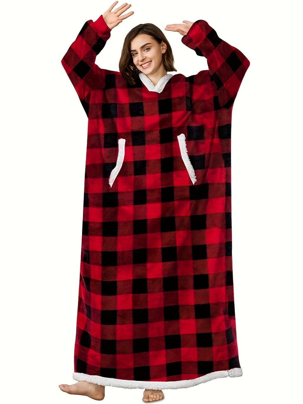 Women's Casual Lounge Robe - Plus Size Sherpa Fleece Hooded Extra Long Warm Oversized Wearable Blanket With Pockets - For Women - Perfect for Cozy Nights & Relaxation - Ideal Gift for Birthday & Holidays