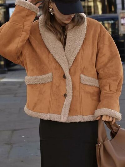 Fuzzy Collared Neck Long Sleeve Jacket with Buttoned Closure and Cozy Pockets Stevvex