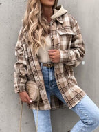 Vintage Retro Style Women Camel Plaid Button Up Jacket with Removable Hood Classic & Cozy Everyday Wear Stevvex