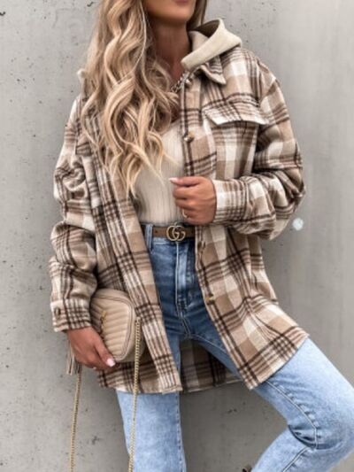Vintage Retro Style Women Camel Plaid Button Up Jacket with Removable Hood Classic & Cozy Everyday Wear Stevvex