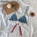 Summer Sweet Lolita Style Denim Shorts Sets Girls Sexy Lace Bandage Camisole Crop Tops Ruffles Jeans Short Pants Women 2PC Set Purplish Diva