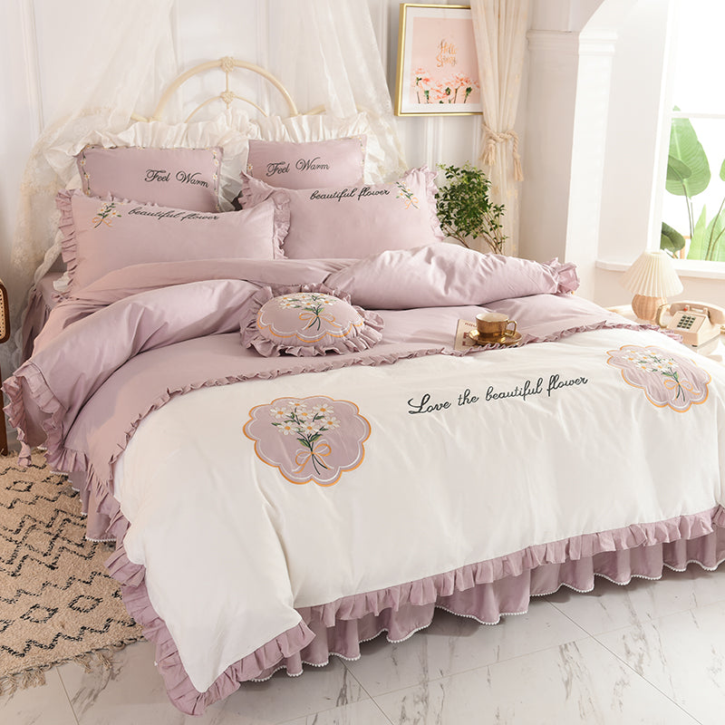 Summer Ruffled Cotton Four-piece Set Girl Heart Embroidery Flower Quilt Cover Pi-Mart