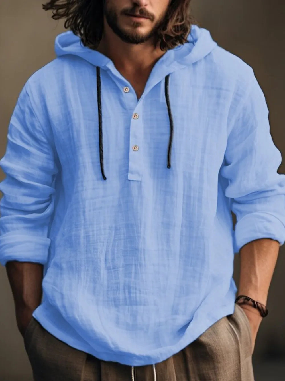 Men's Full Size Half Button Long Sleeve Hoodie THRIXINE